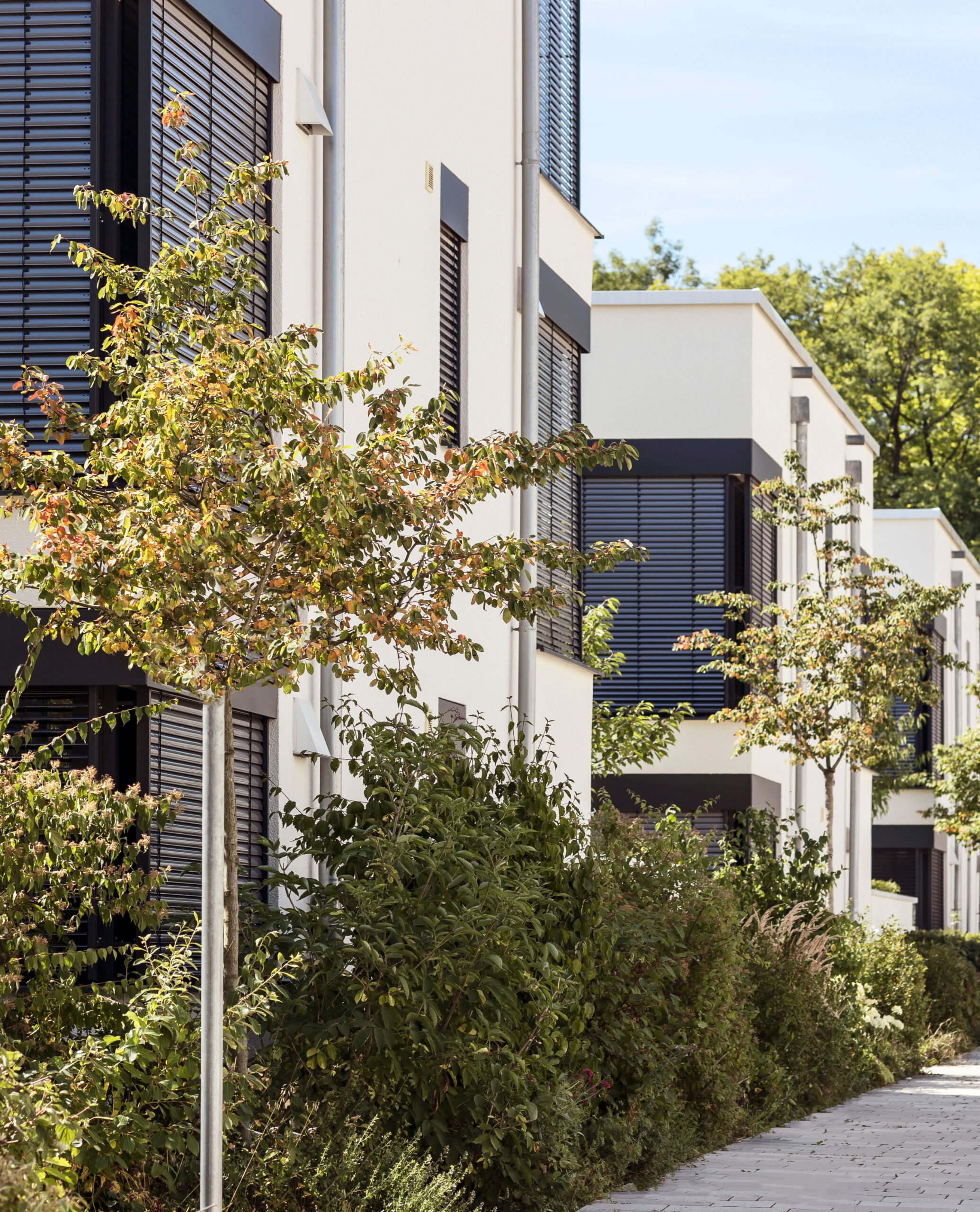 Façade de maison avec stores extérieurs à lamelles orientables