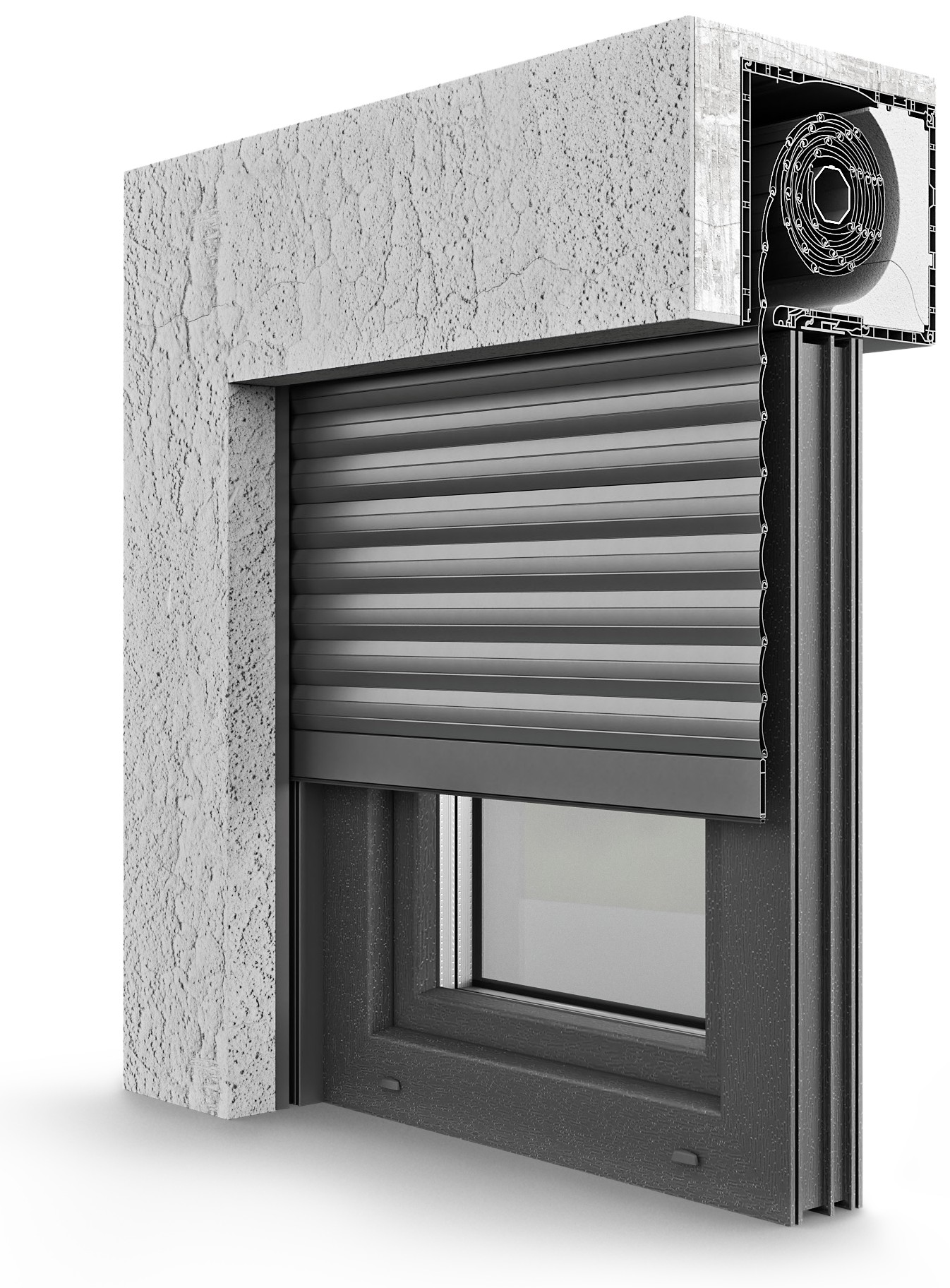 Volet roulant monobloc avec caisson isolé, schéma du mécanisme